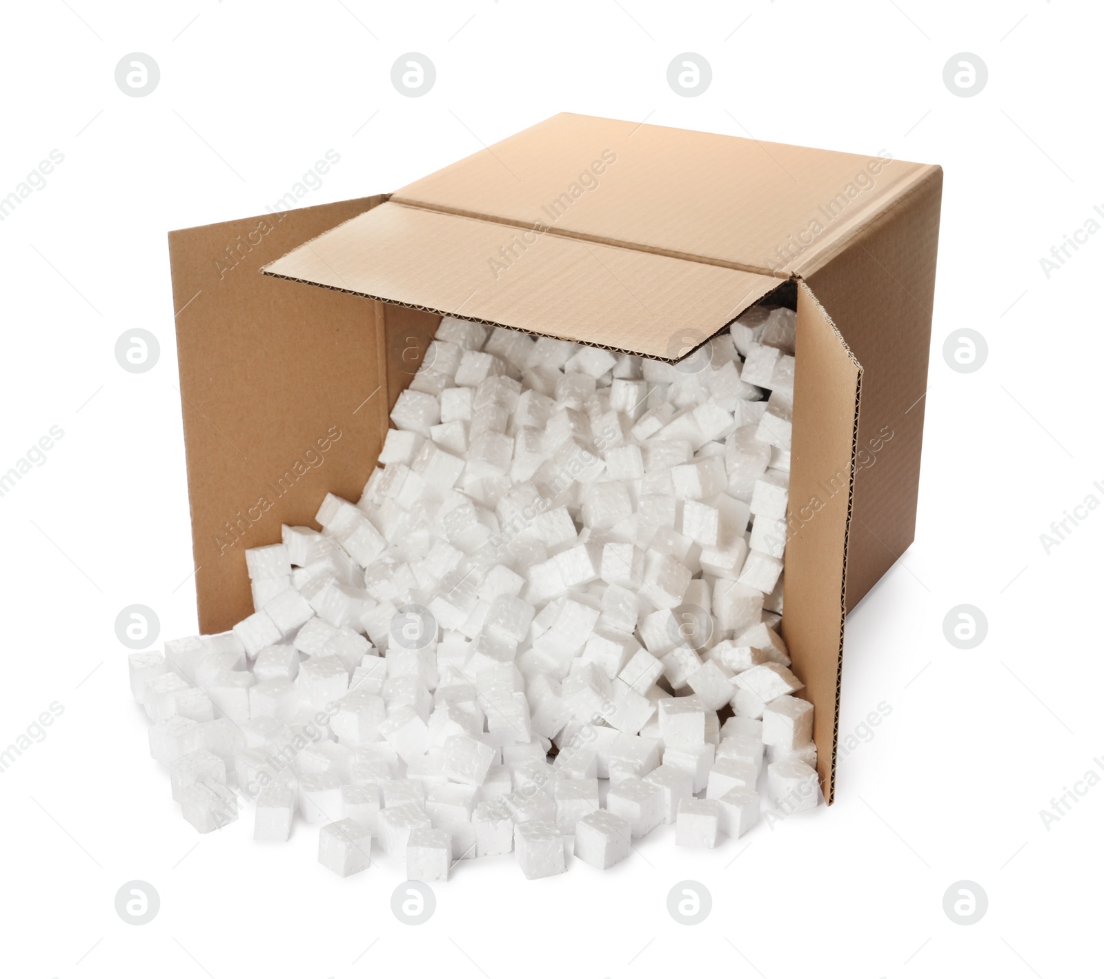 Photo of Overturned cardboard box with styrofoam cubes on white background