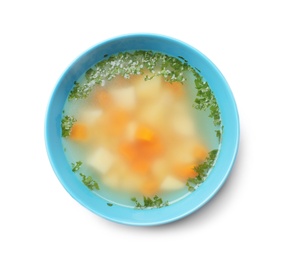 Bowl of fresh homemade soup to cure flu on white background, top view