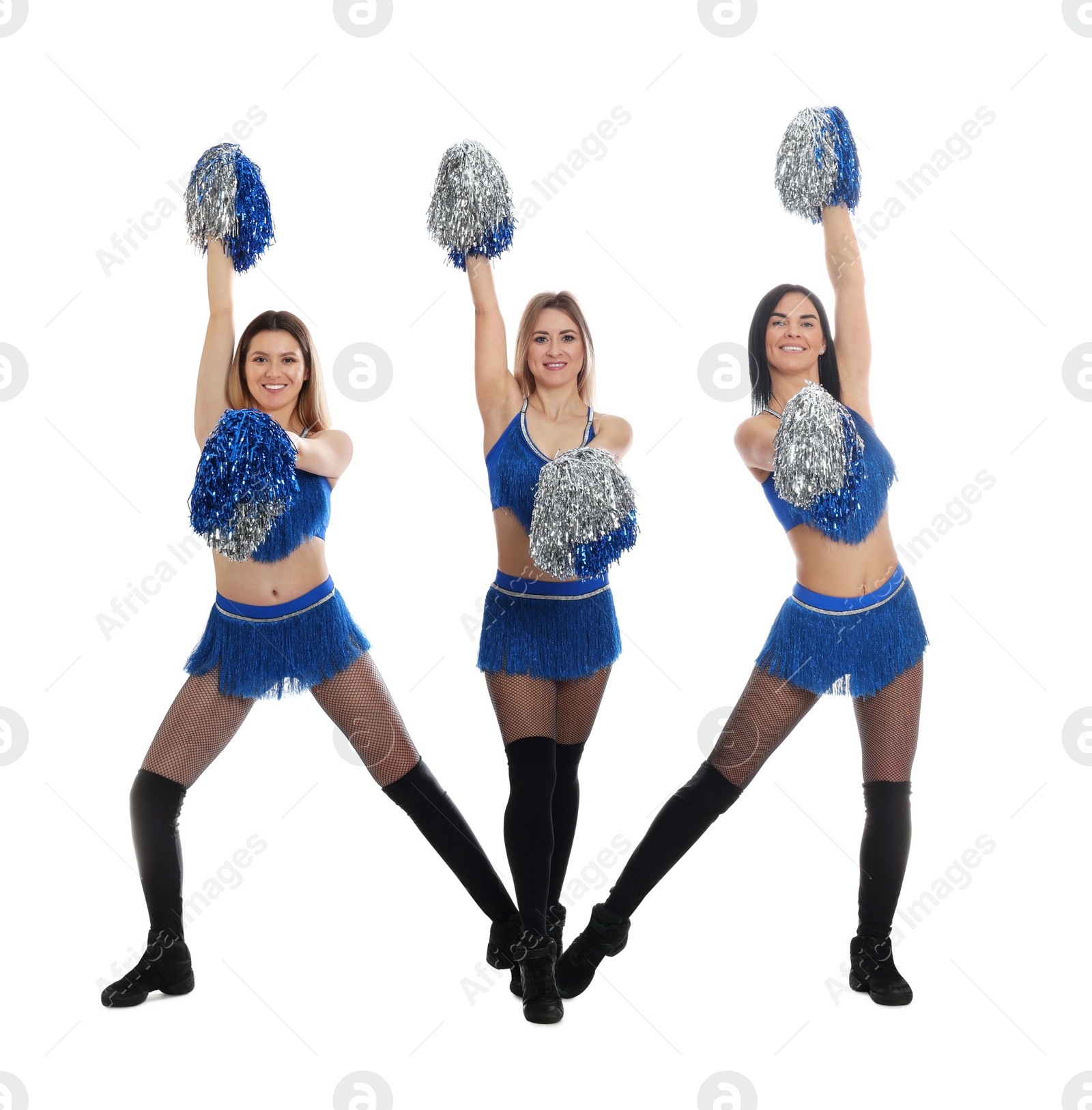 Photo of Group of beautiful cheerleaders on white background