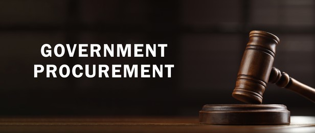 Image of Government procurement. Wooden gavel on table and text against blurred background, banner design