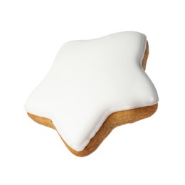 Photo of Tasty star shaped Christmas cookie with icing isolated on white