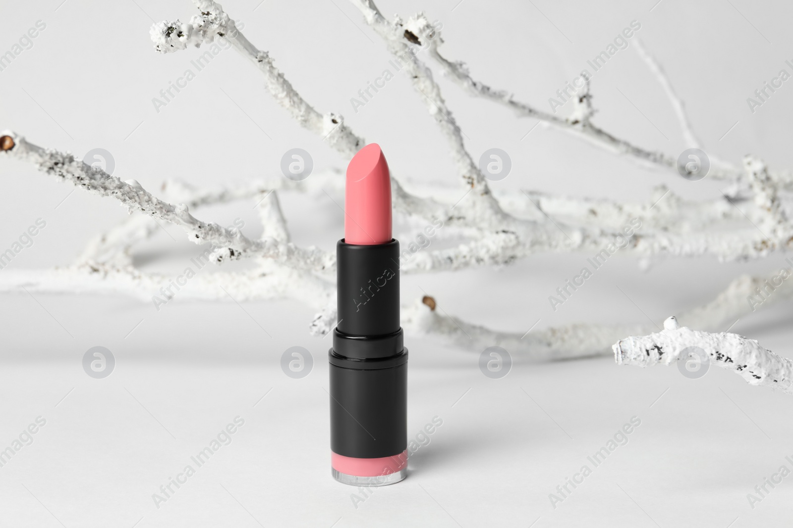 Photo of Beautiful pink lipstick and decorative branch on white background