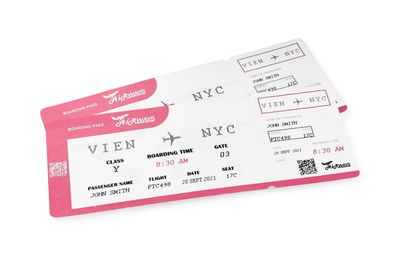 Photo of Tickets isolated on white. Travel agency concept