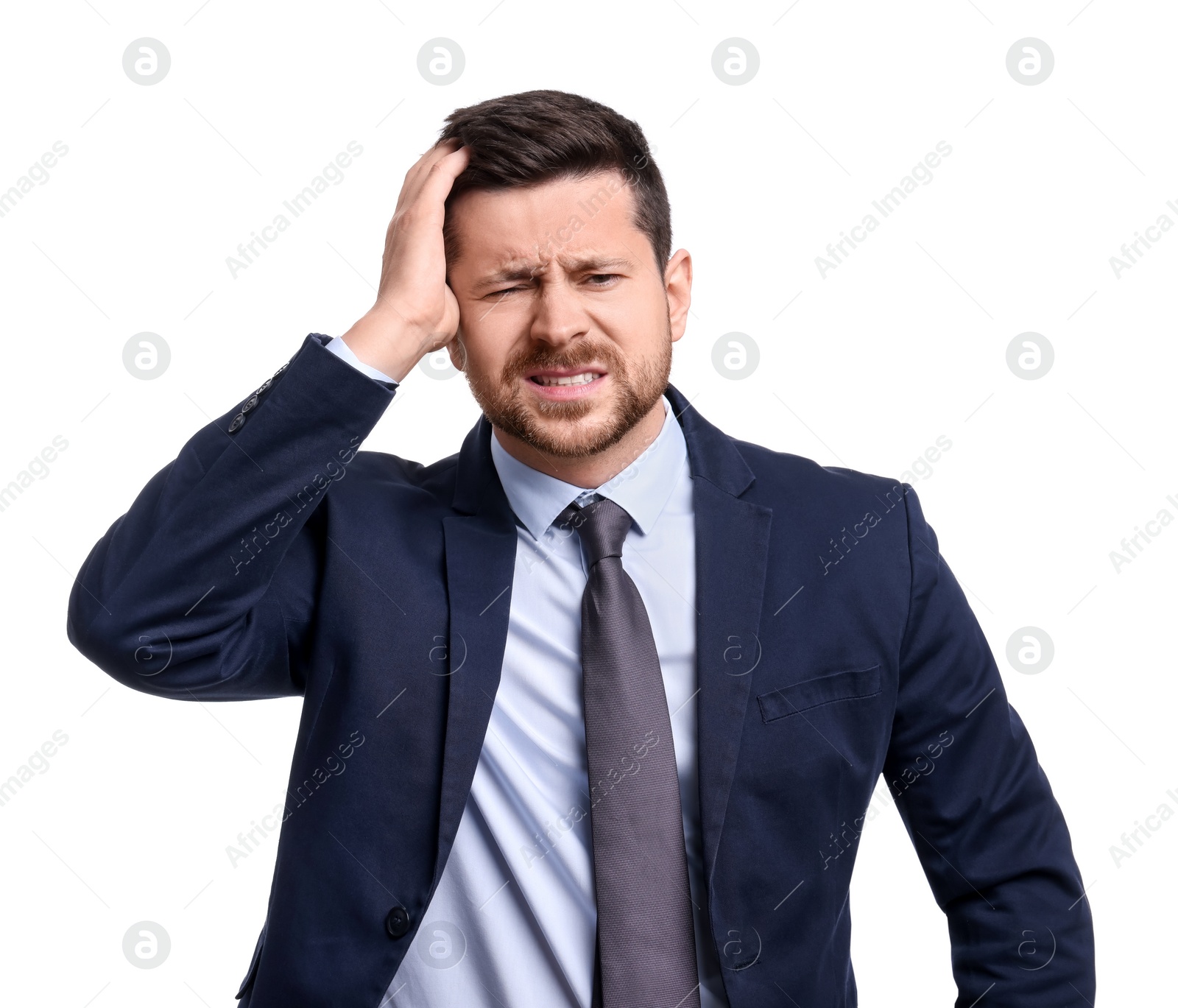 Photo of Emotional businessman in suit on white background