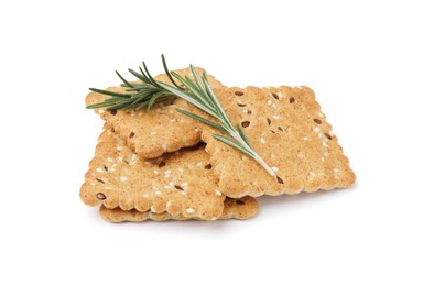 Photo of Cereal crackers with flax, sesame seeds and rosemary isolated on white