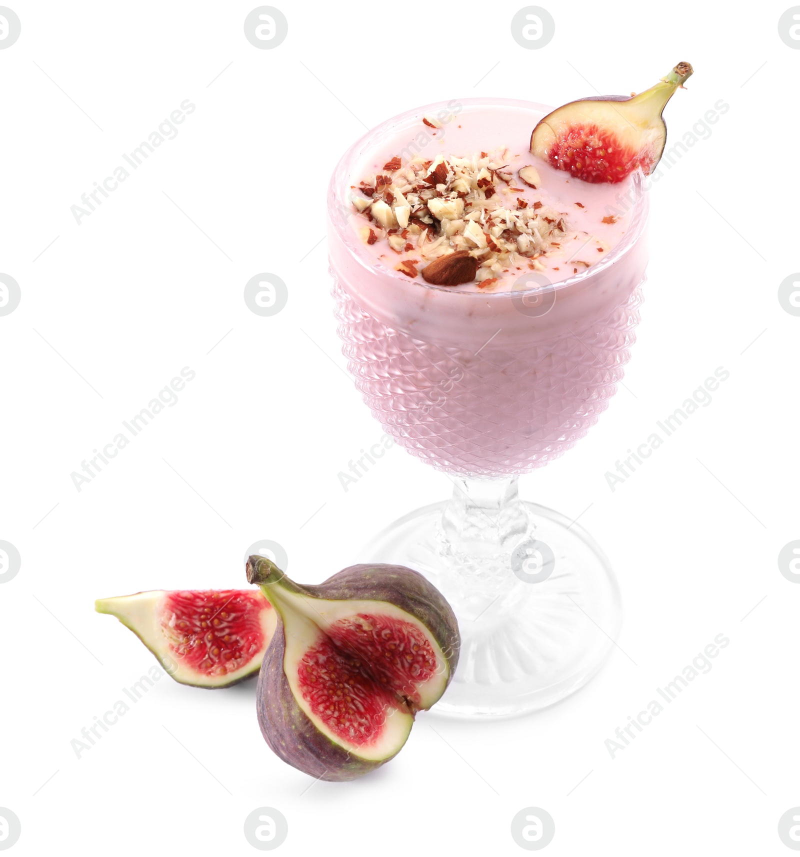 Photo of Delicious fig smoothie in glass on white background