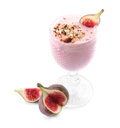 Delicious fig smoothie in glass on white background