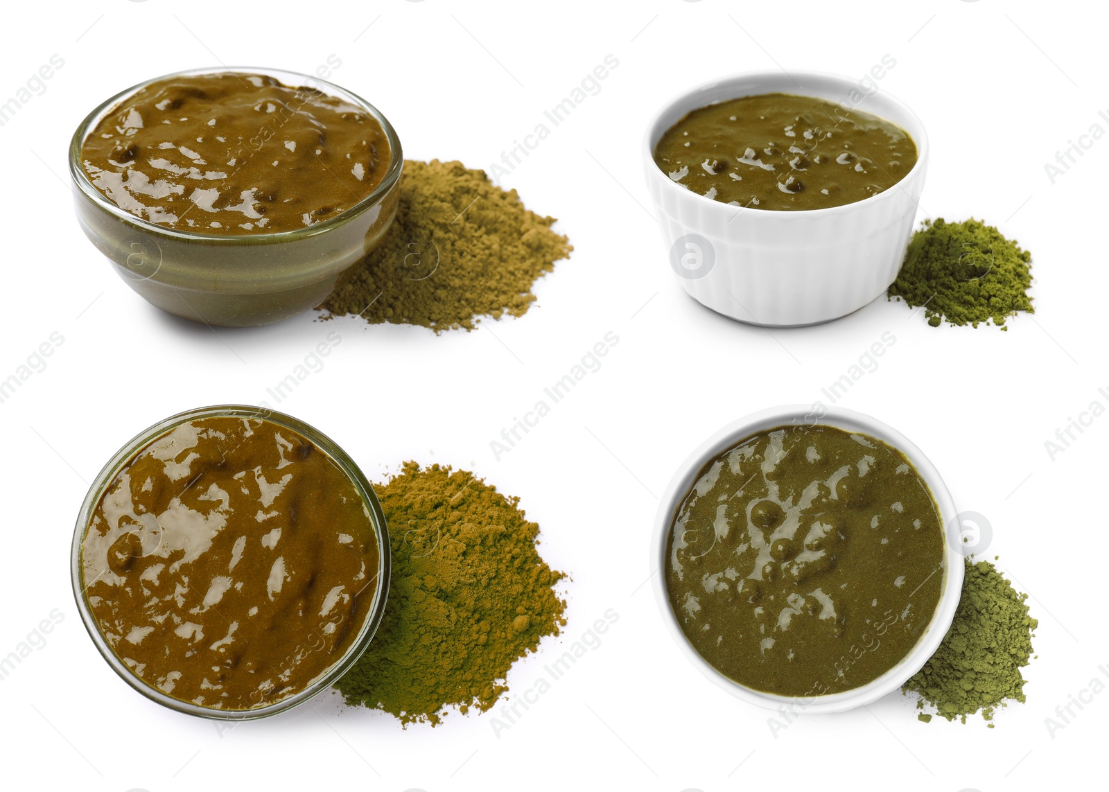 Image of Henna paste and powder of different colors isolated on white, set