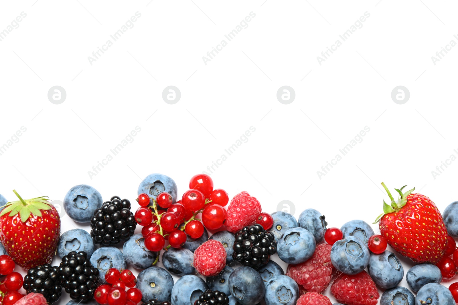 Photo of Mix of fresh berries on white background, flat lay