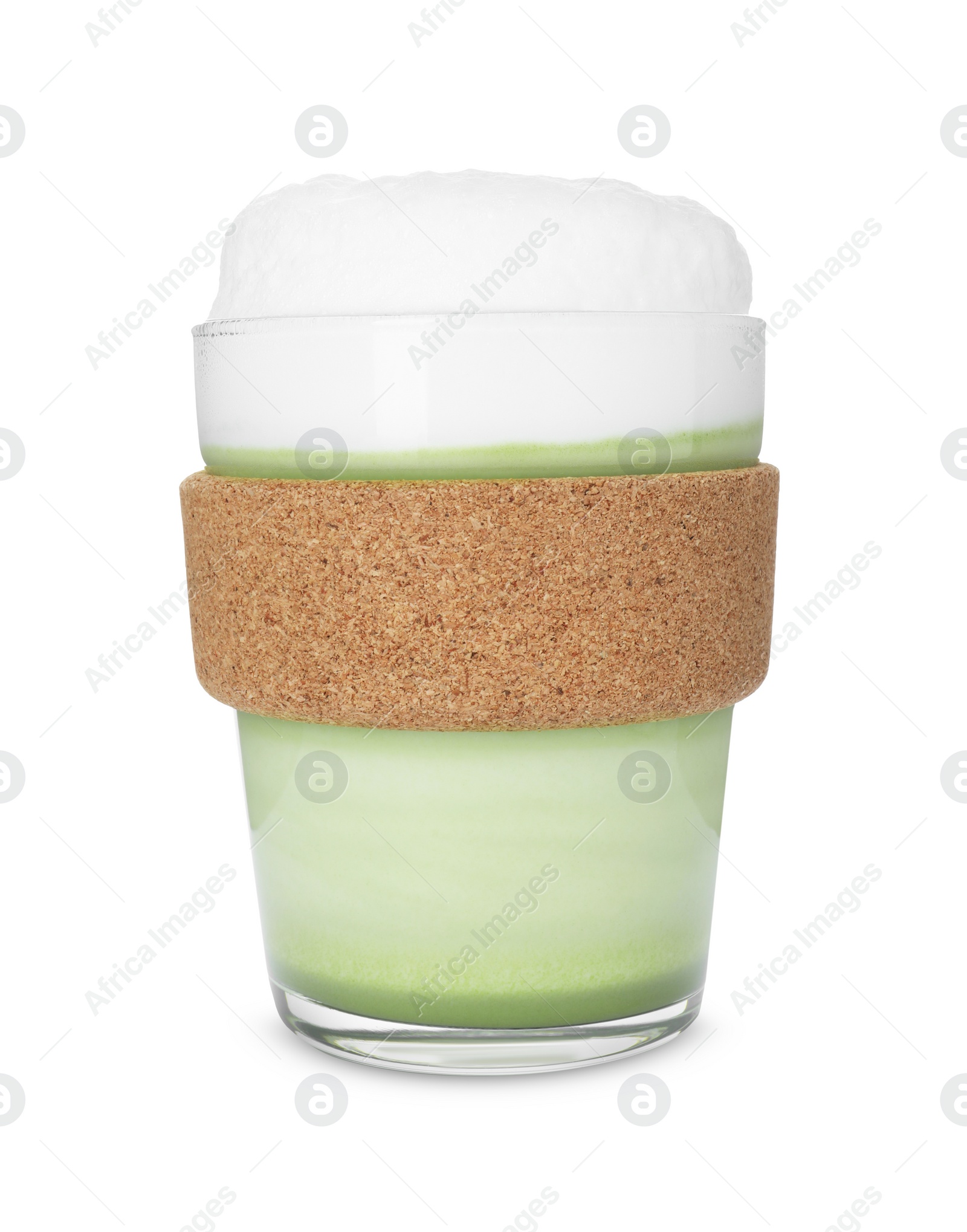 Photo of Glass cup of fresh matcha latte isolated on white