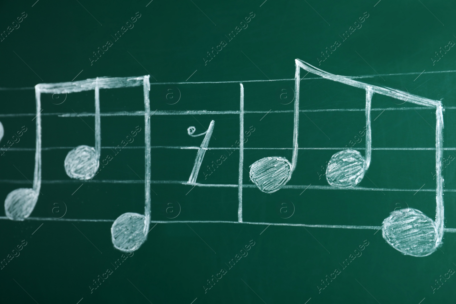 Photo of Music staff with notes on green chalkboard