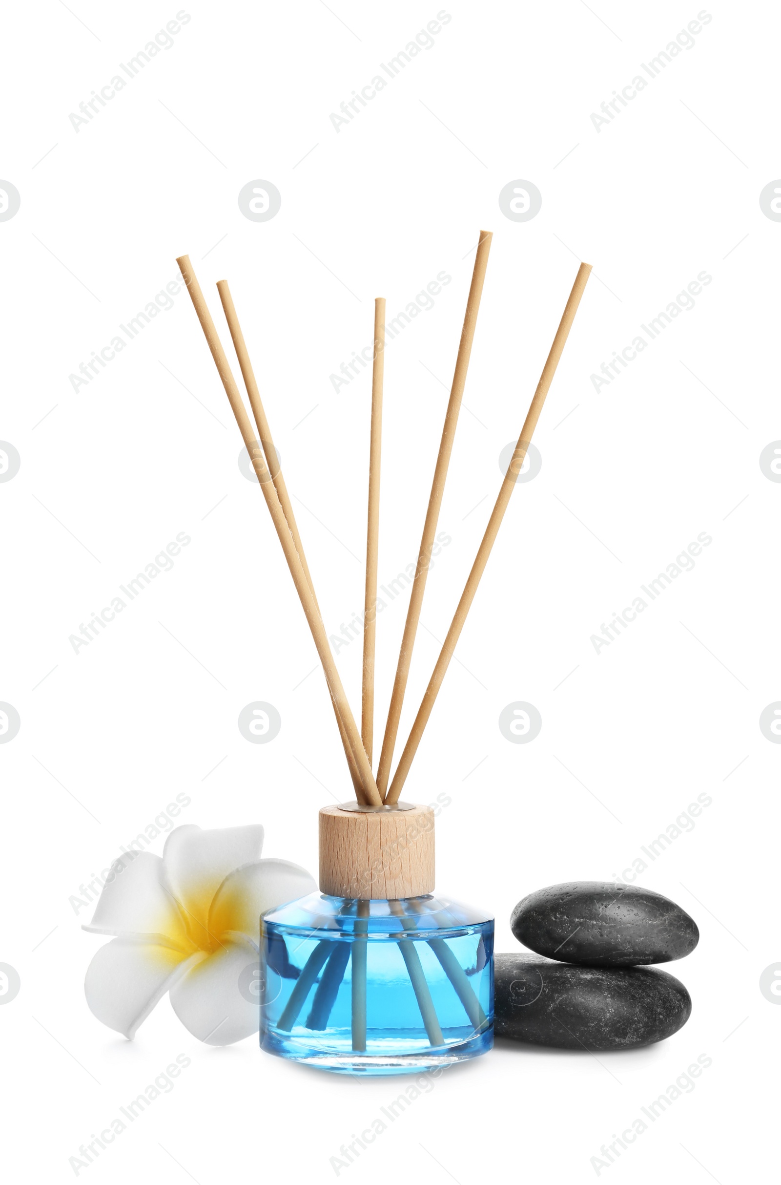 Photo of Reed air freshener, flower and spa stones on white background