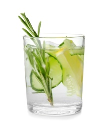 Photo of Glass of refreshing lemon cocktail with rosemary on white background
