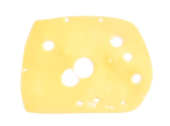 Slice of tasty maasdam cheese on white background, top view