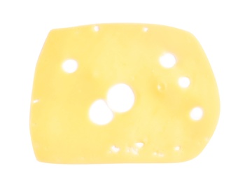 Photo of Slice of tasty maasdam cheese on white background, top view