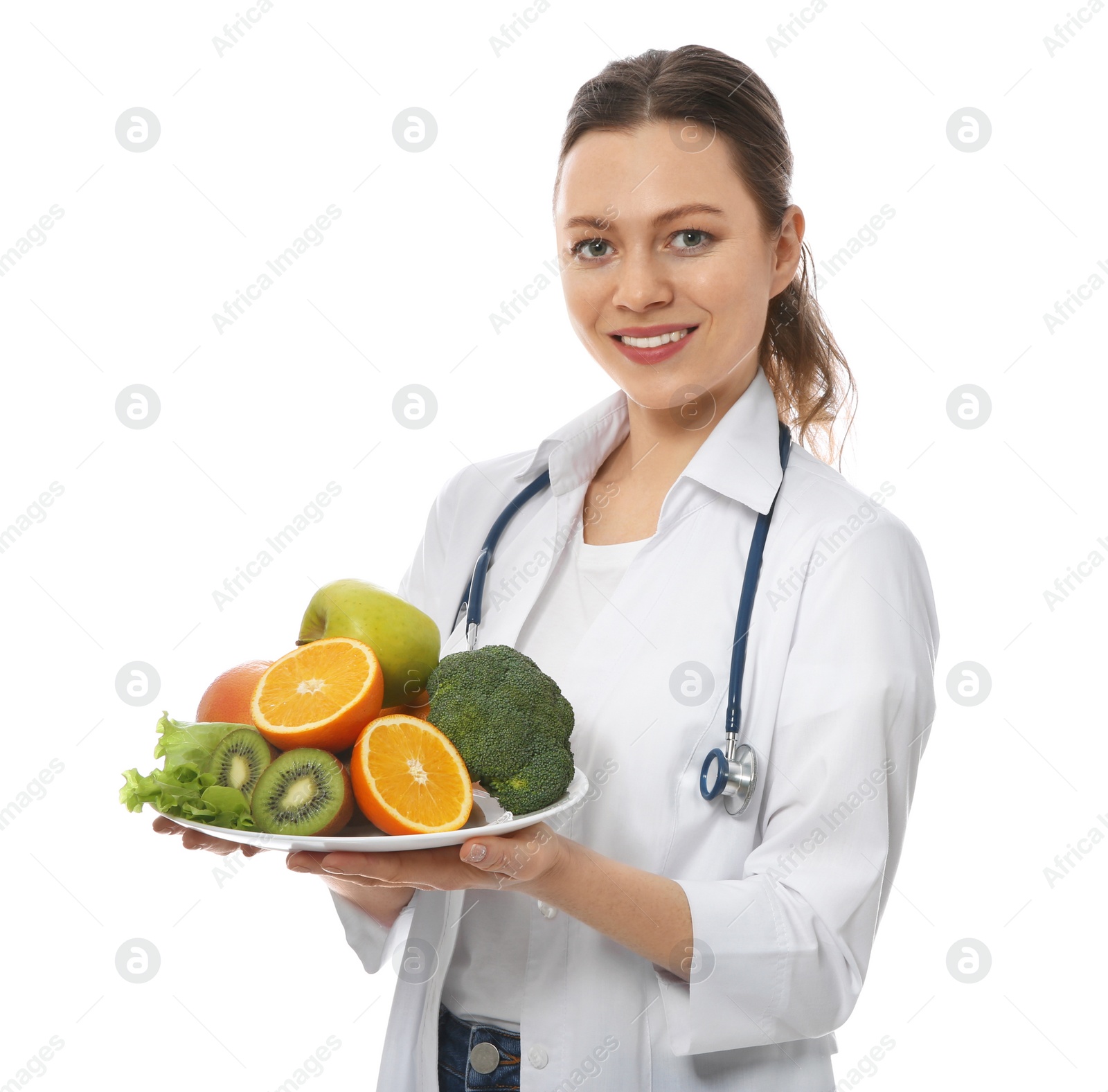 Photo of Nutritionist with fruits and vegetables on white background