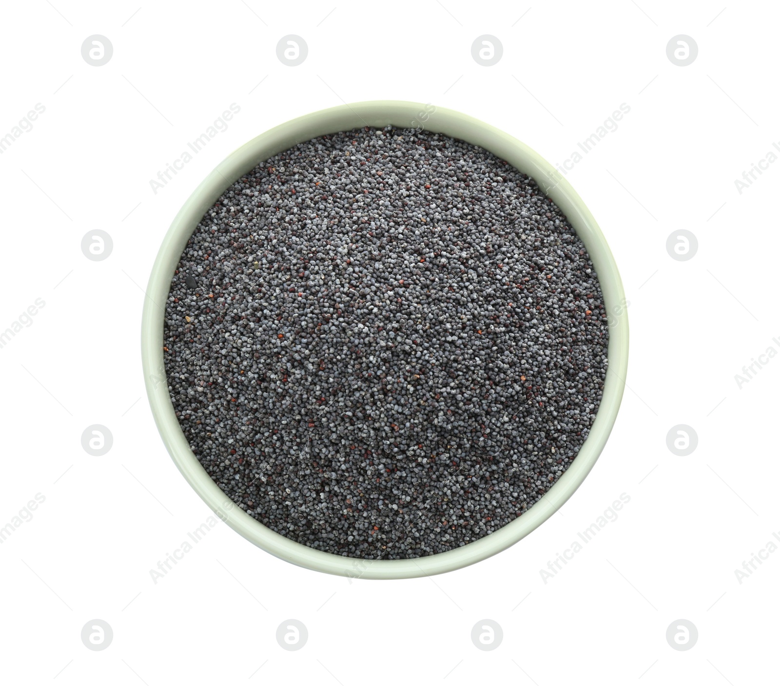 Photo of Poppy seeds in bowl isolated on white, top view