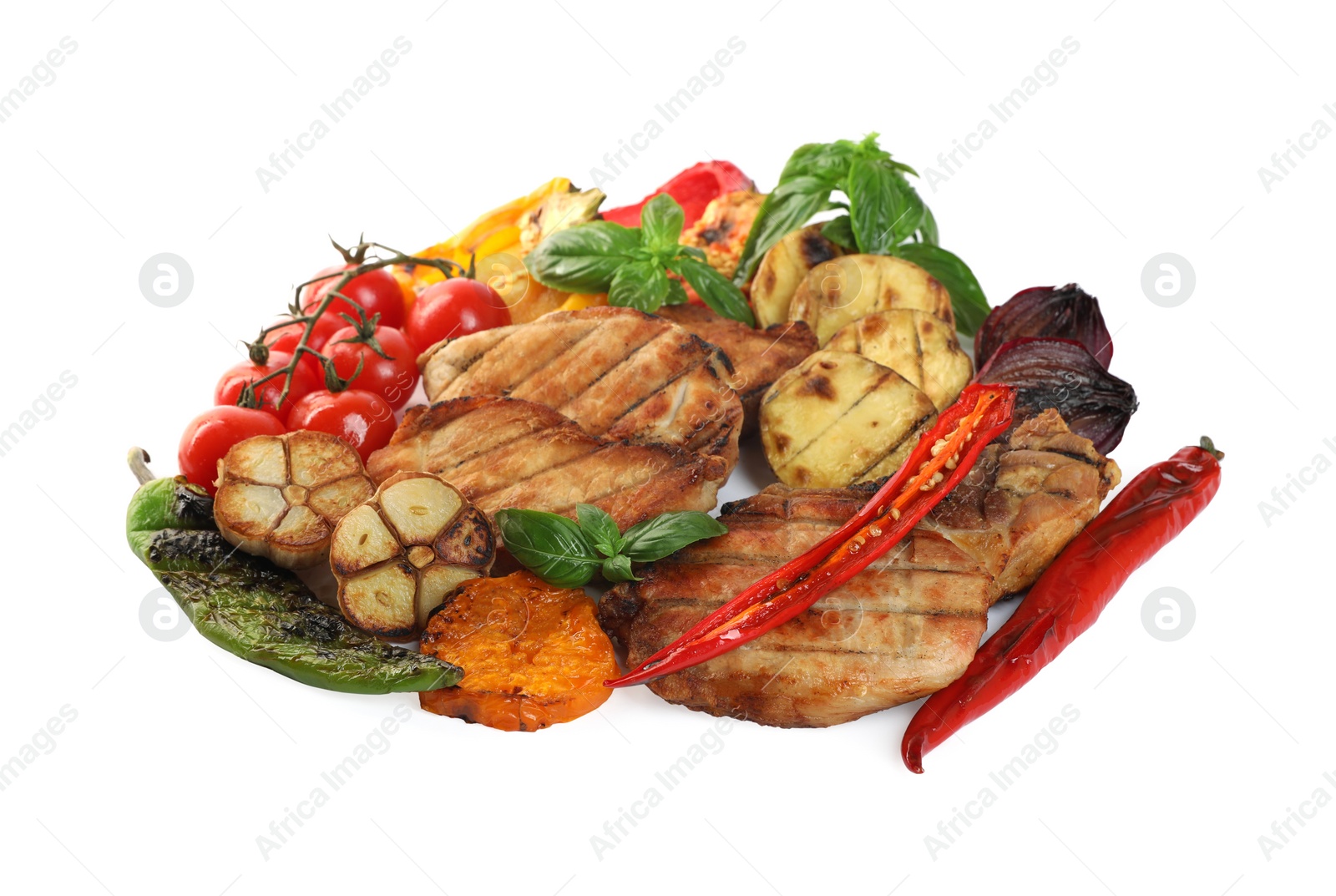 Photo of Tasty grilled vegetables, meat, fresh cherry tomatoes and basil isolated on white