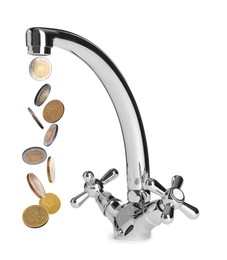 Image of Faucet and euro coins on white background
