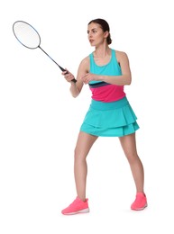 Photo of Young woman playing badminton with racket on white background