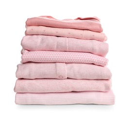 Stack of baby girl's clothes on white background