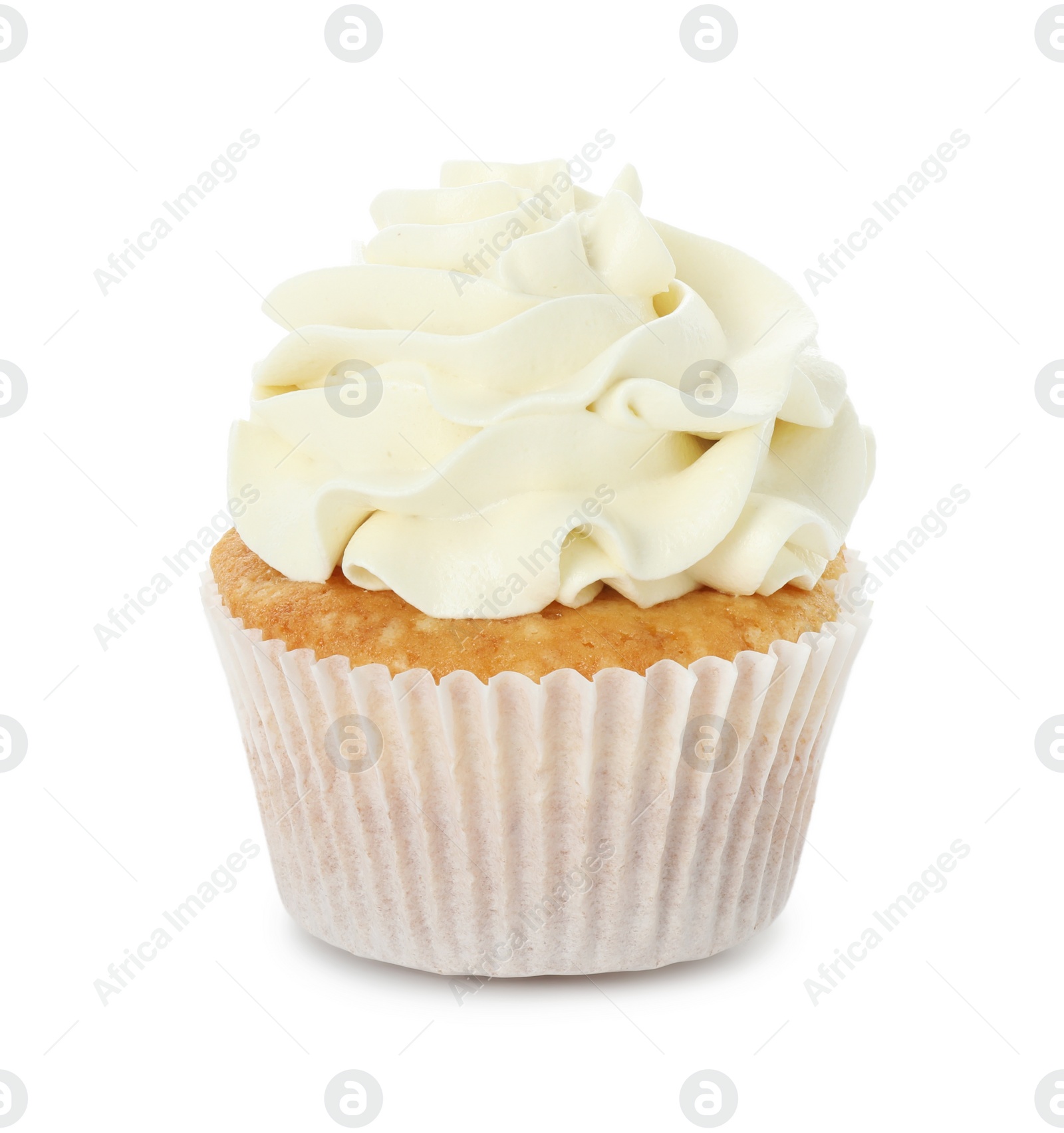 Photo of Tasty vanilla cupcake with cream isolated on white