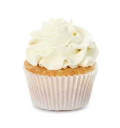 Photo of Tasty vanilla cupcake with cream isolated on white