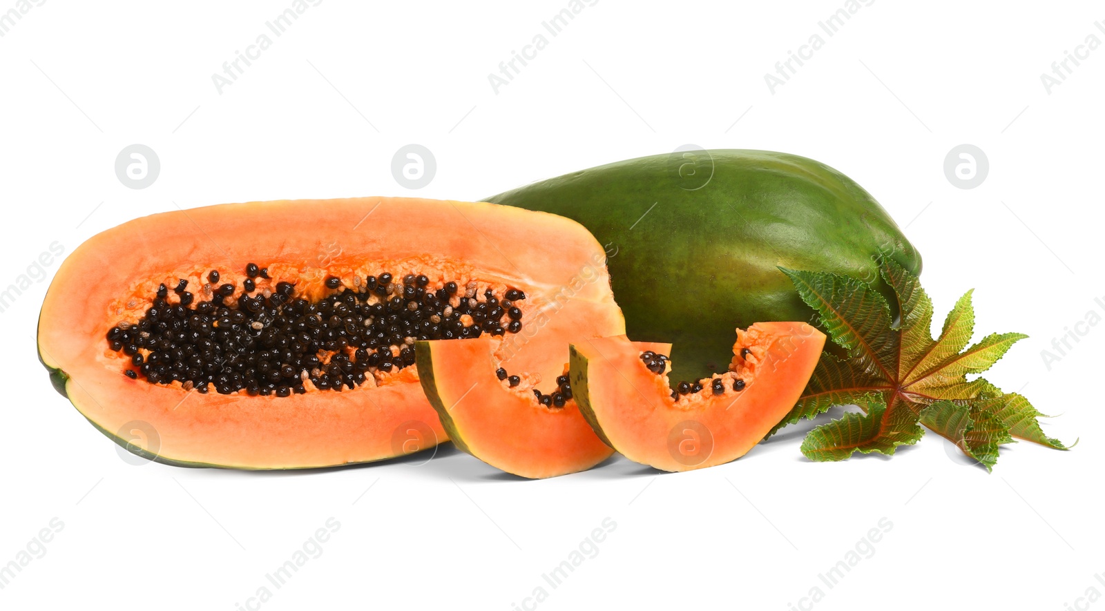 Photo of Fresh juicy ripe papayas with leaf on white background