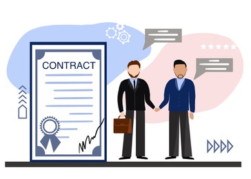 Illustration of Government contract. Businesspeople shaking hands, signed document and icons on white background, illustration