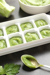 Photo of Broccoli puree in ice cube tray and ingredients on grey table, closeup. Ready for freezing