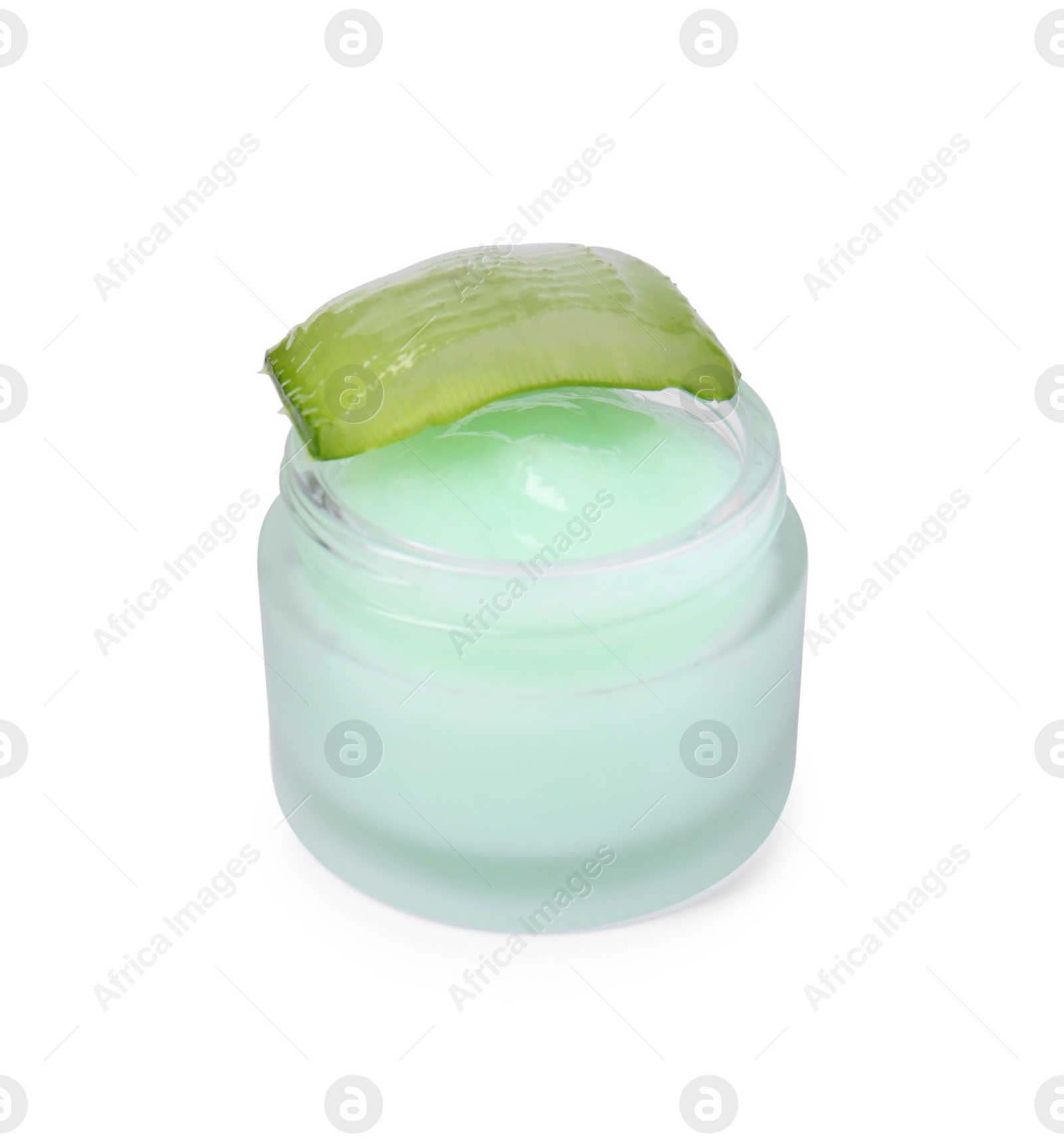 Photo of Jar of natural gel and cut aloe isolated on white