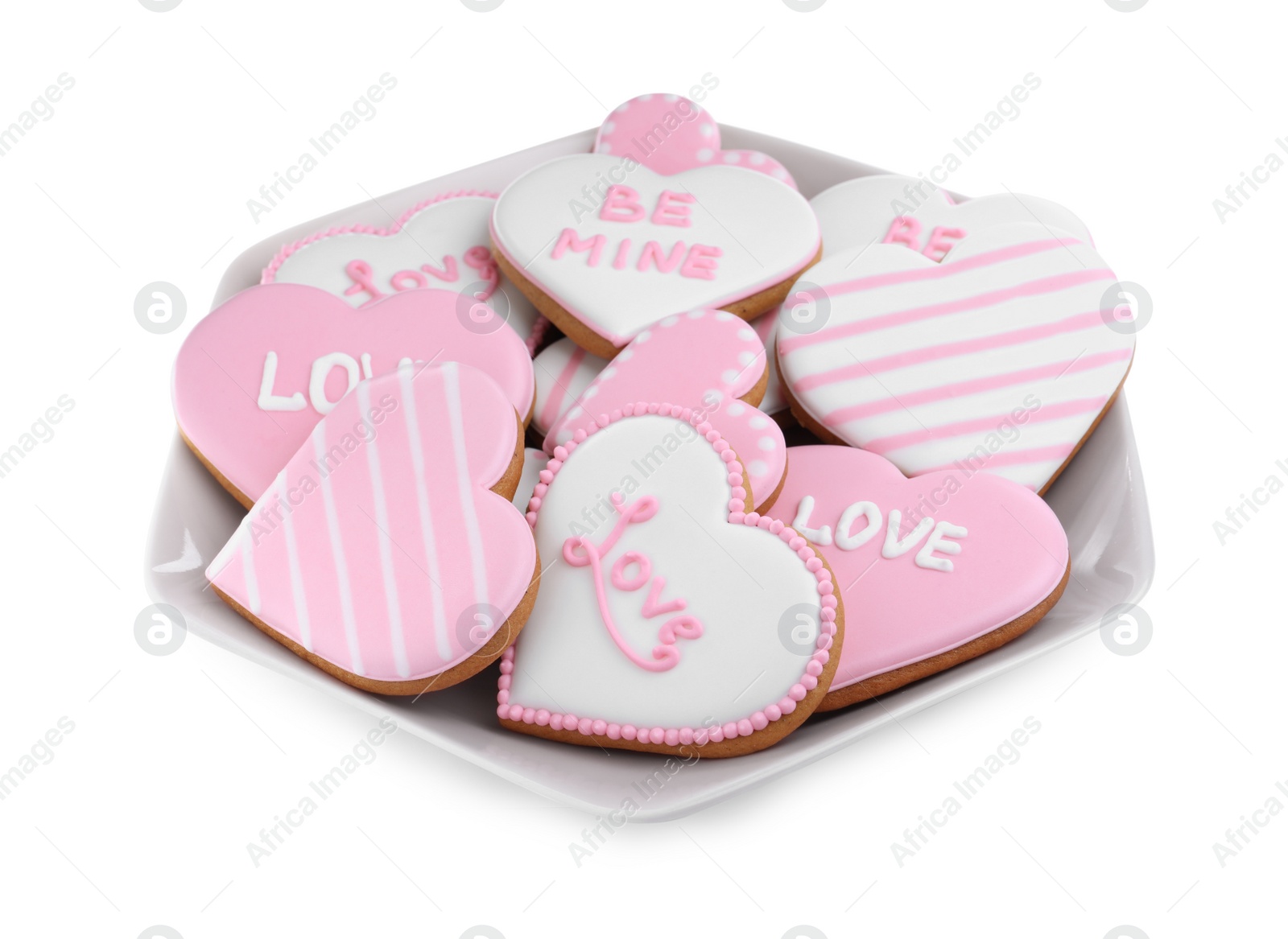 Photo of Delicious heart shaped cookies on white background. Valentine's Day