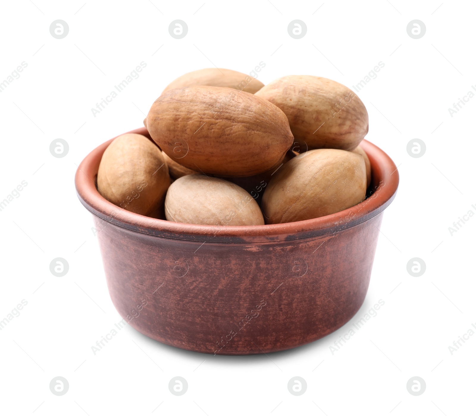 Photo of Tasty pecan nuts in shell isolated on white