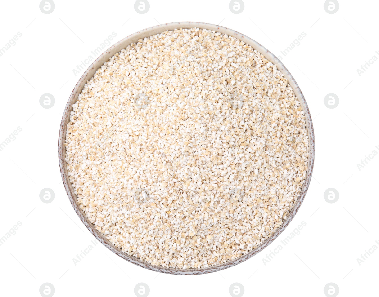 Photo of Dry barley groats in bowl isolated on white, top view