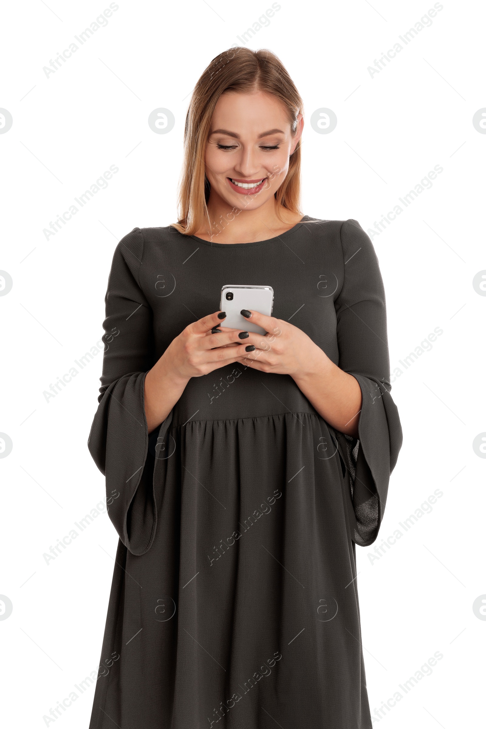 Photo of Beautiful woman using smartphone on white background