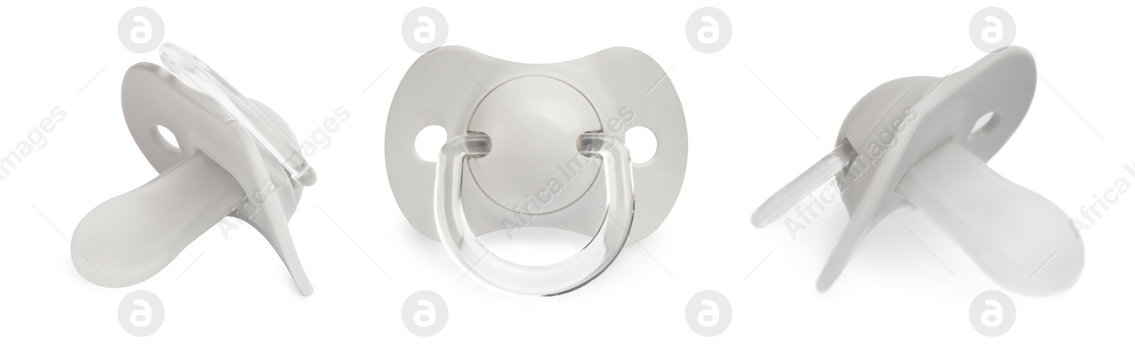 Image of Collage of light grey baby pacifier on white background, views from different sides