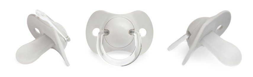 Image of Collage of light grey baby pacifier on white background, views from different sides