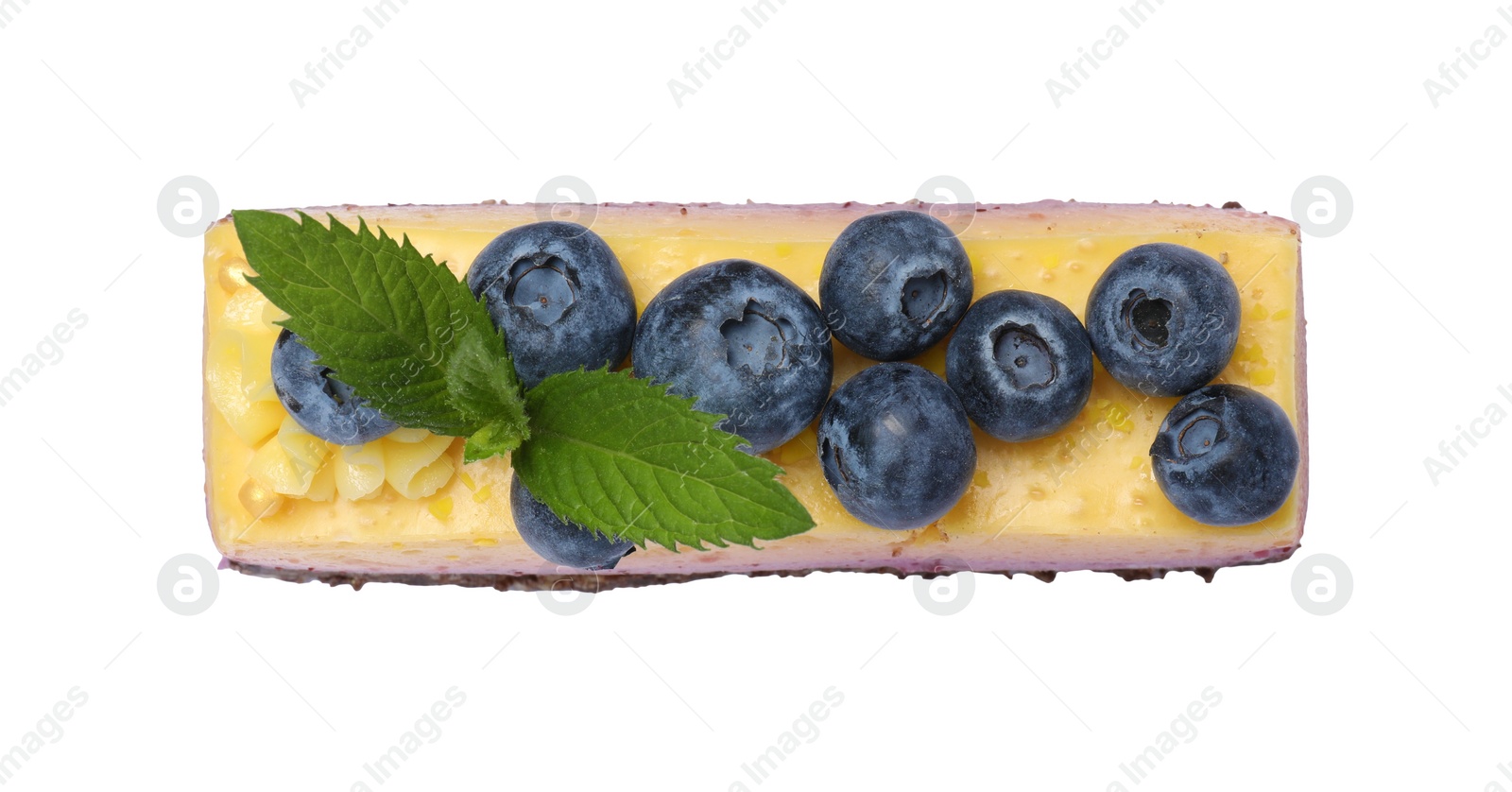 Photo of Delicious cheesecake with blueberry and mint isolated on white, top view