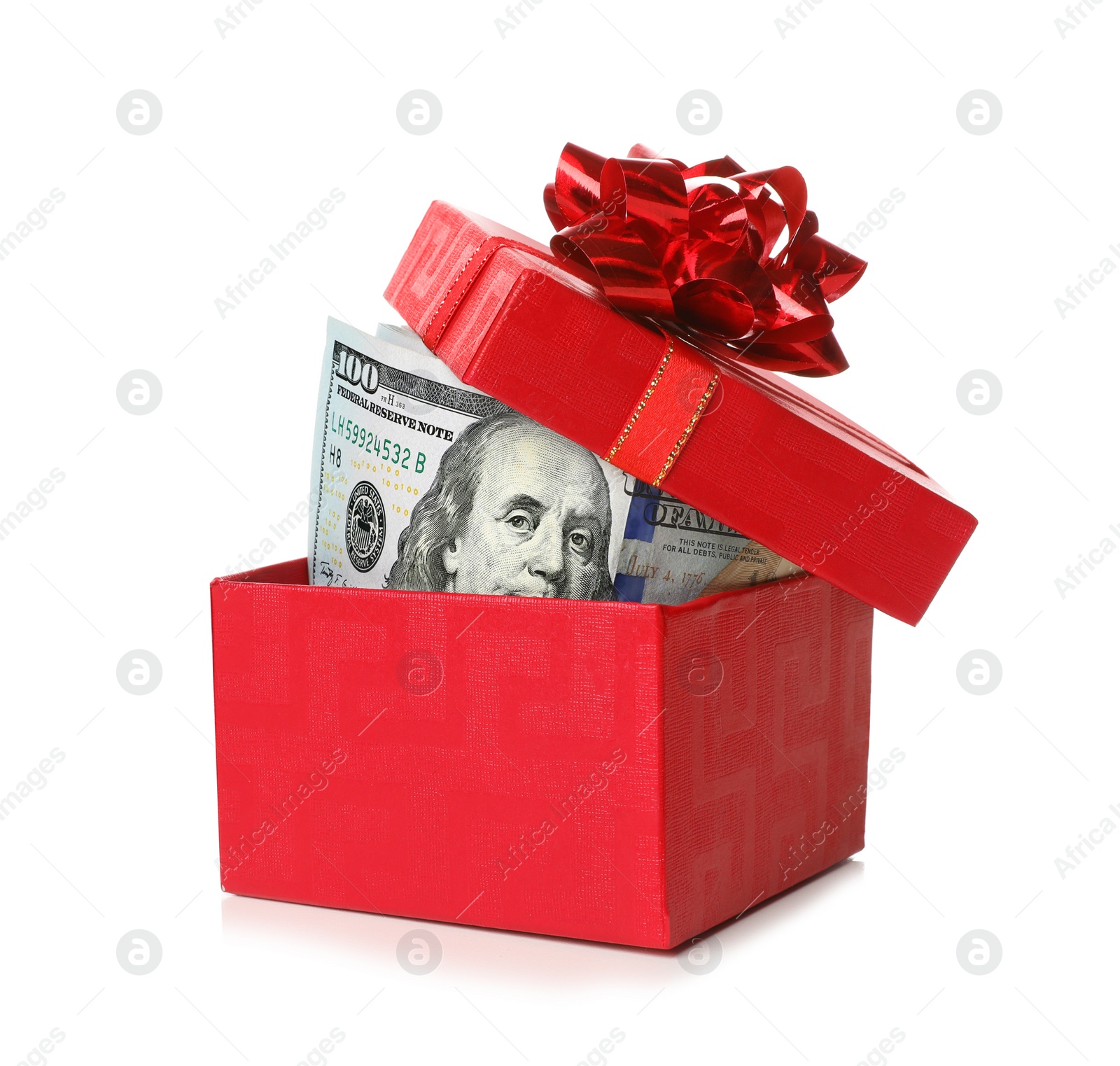 Photo of Gift box with dollar banknotes on white background