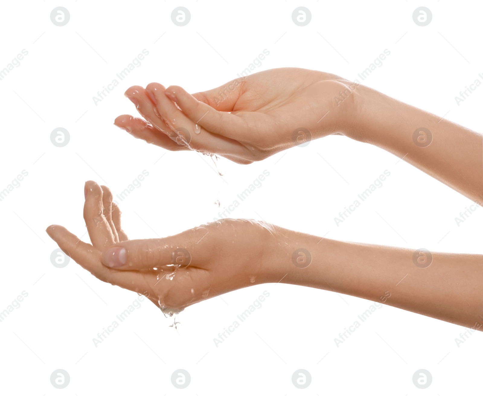 Image of Woman with water in her hands on white background, closeup