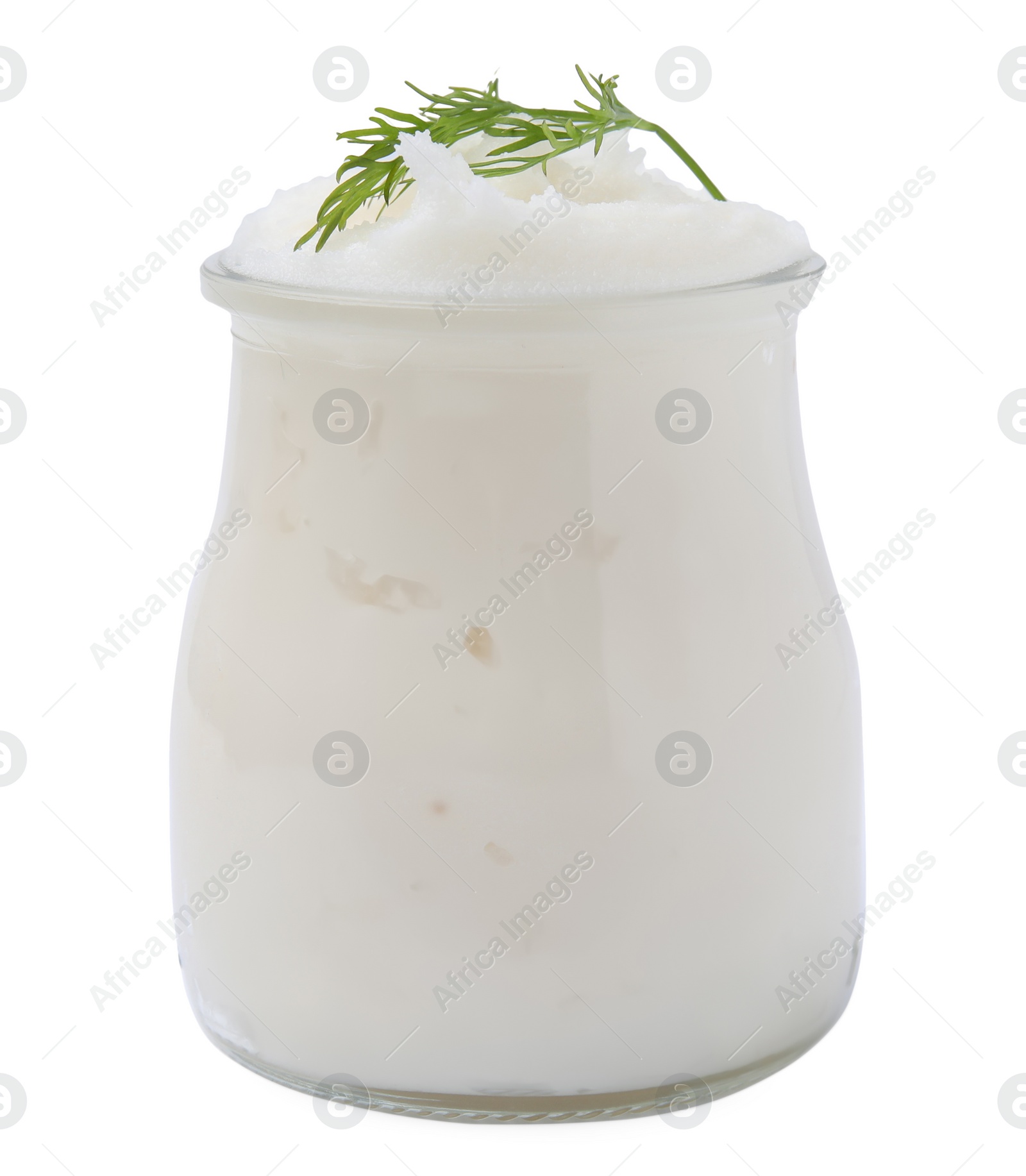 Photo of Delicious pork lard with dill in glass jar isolated on white