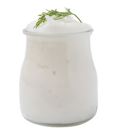 Photo of Delicious pork lard with dill in glass jar isolated on white