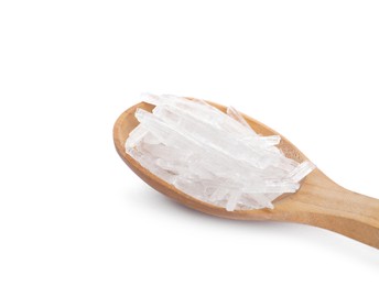 Menthol crystals in spoon on white background