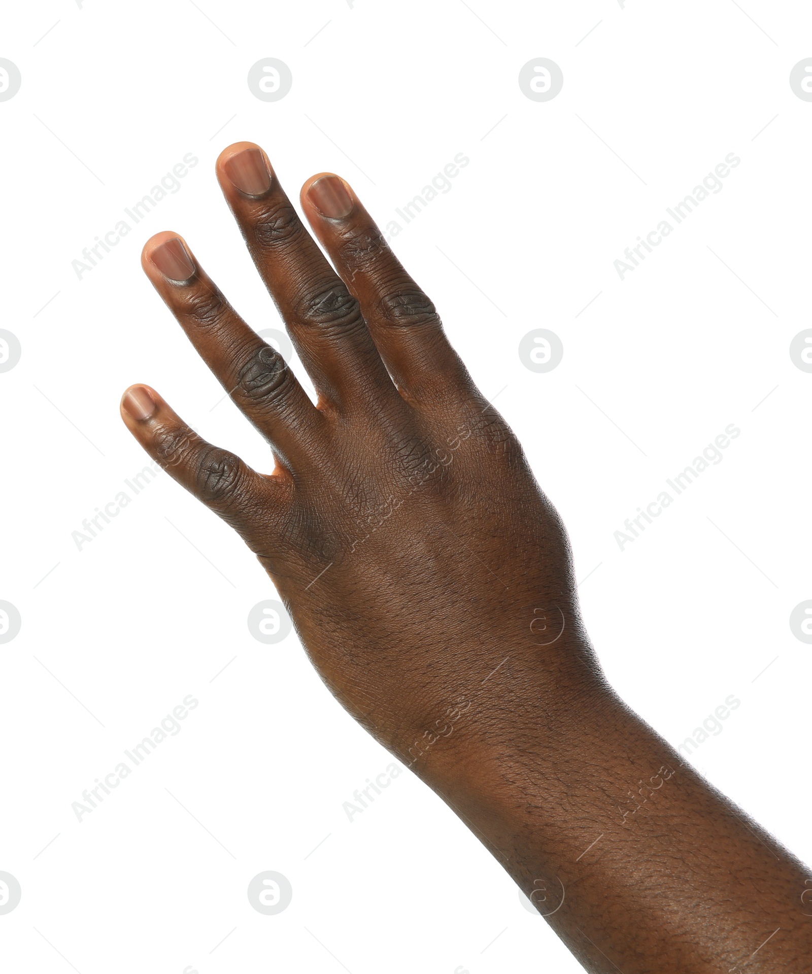 Photo of African-American man showing number FOUR on white background, closeup