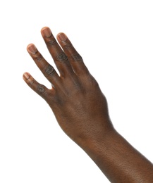 Photo of African-American man showing number FOUR on white background, closeup