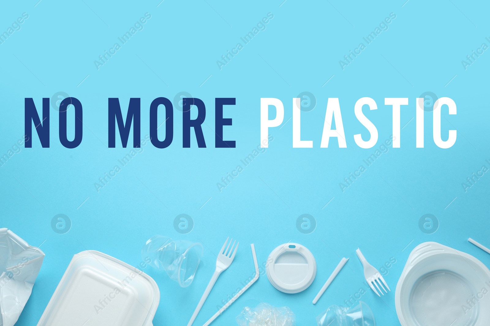 Image of Text NO MORE PLASTIC and different disposable dishware on light blue background, flat lay