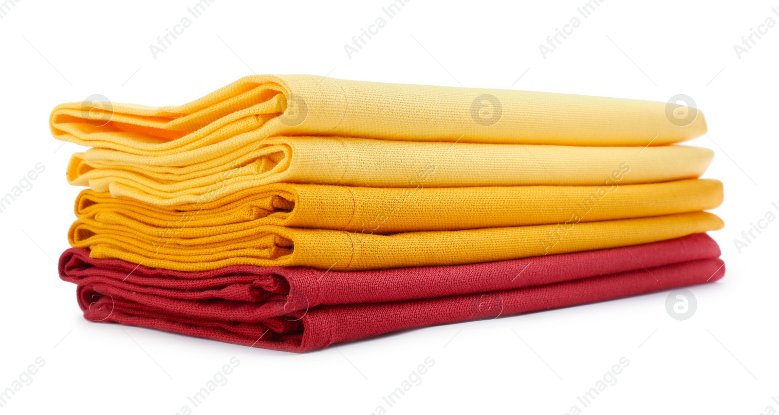 Photo of Stack of fabric napkins for table setting isolated on white