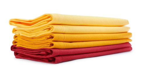 Photo of Stack of fabric napkins for table setting isolated on white