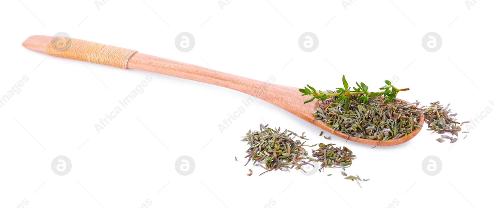 Photo of Spoon of dried thyme isolated on white