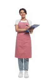 Photo of Young woman in red striped apron with clipboard on white background